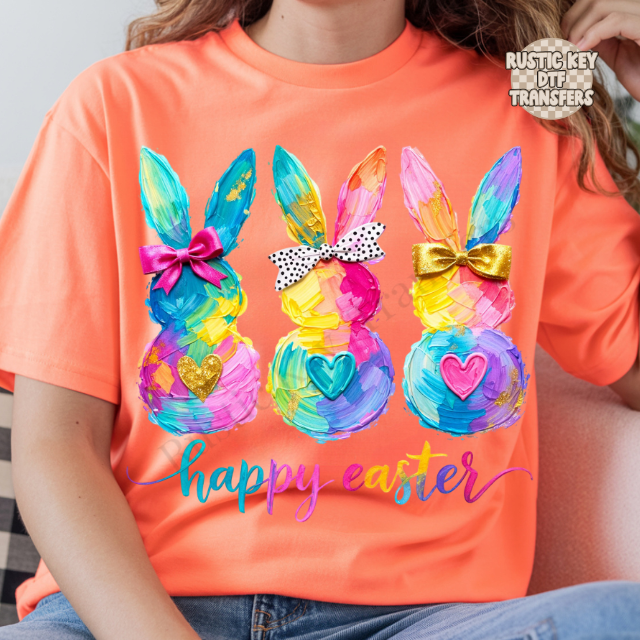 Happy easter bunnies painted DTF Transfer, Ready to Press