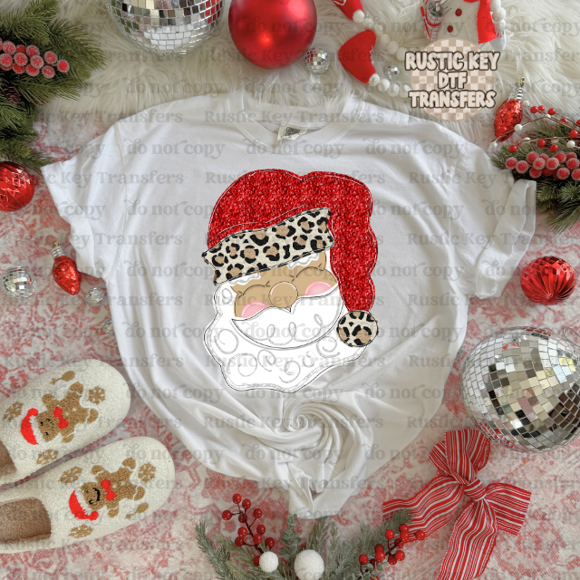 Santa leopard glitter DTF Transfer, Ready to Press