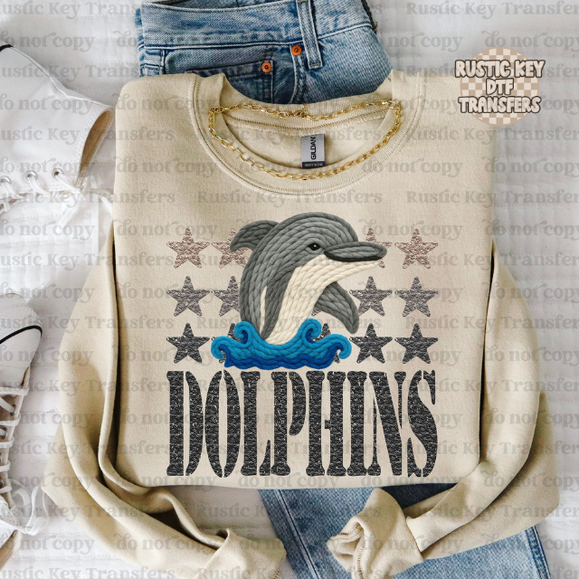 Dolphins yarn mascot DTF Transfer, Ready to Press