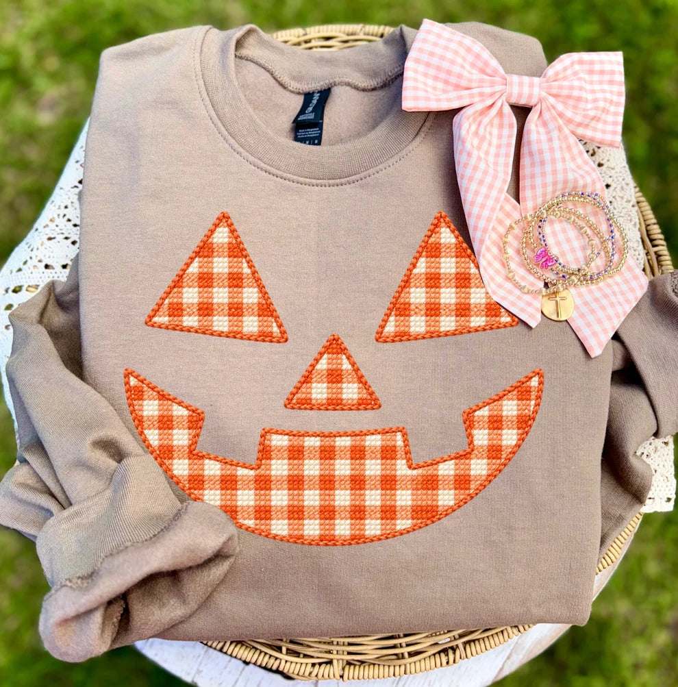 Orange Jack O Lantern Faux Stitch DTF Transfer, Ready to Press Rustic Key Transfers