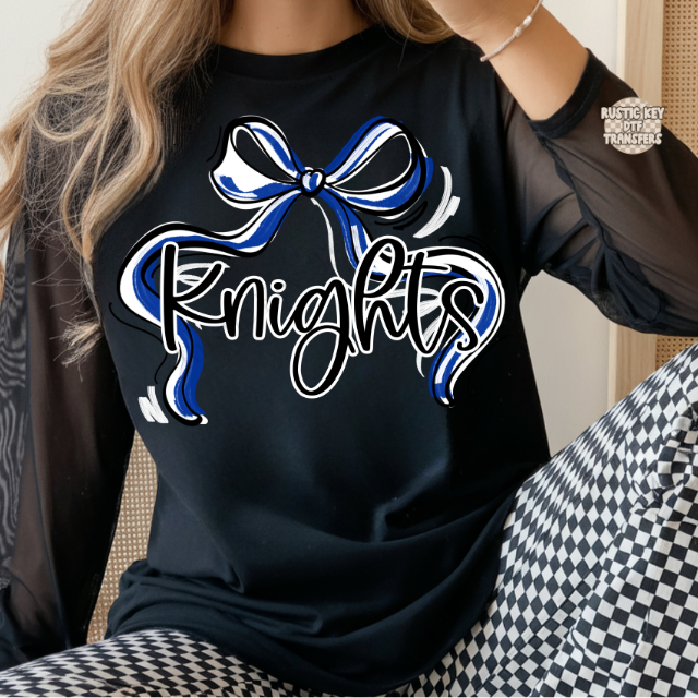 Knights Ribbon Bow blue and white DTF Transfer, Ready to Press