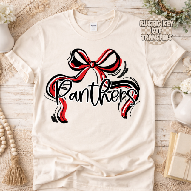Panthers Ribbon Bow Red and Black DTF Transfer, Ready to Press