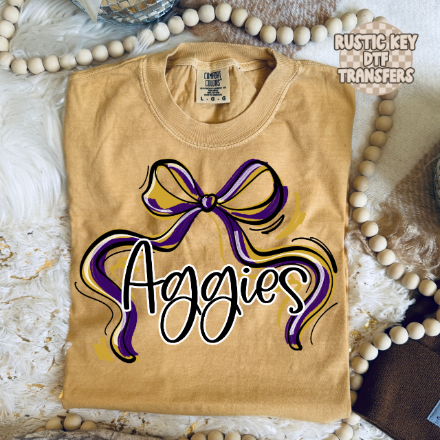 Aggies Ribbon Bow Purple and Gold DTF Transfer, Ready to Press