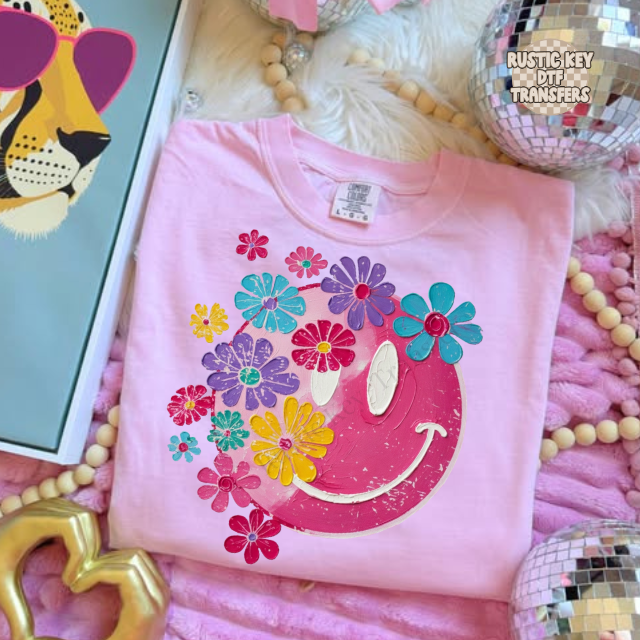 Hand Painted happy face floral DTF Transfer, Ready to Press