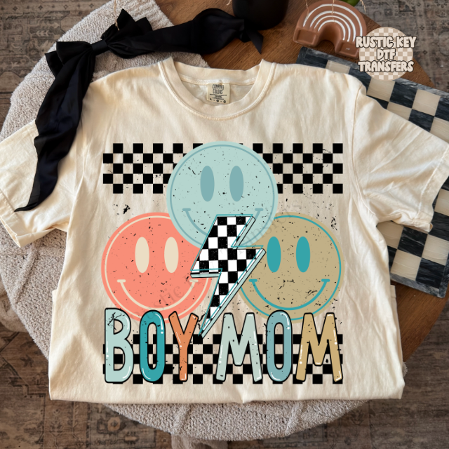 Boy mom checkered lightening bolt DTF Transfer, Ready to Press