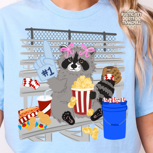 Baseball girl racoon DTF Transfer, Ready to Press