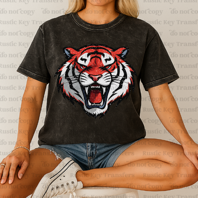 Tigers glitter sequin (Red & Black) DTF Transfer, Ready to Press