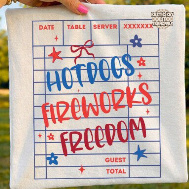 Hotdogs fireworks freedom DTF Transfer, Ready to Press Rustic Key Transfers