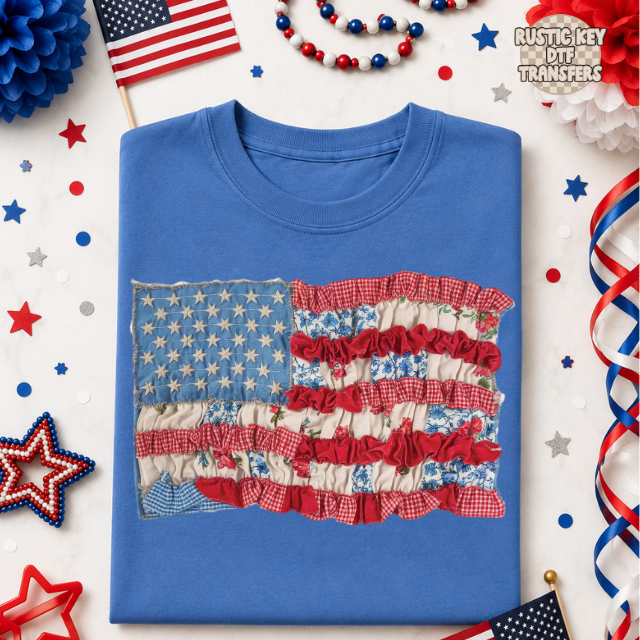 Ruffled patriotic flag DTF Transfer, Ready to Press Rustic Key Transfers