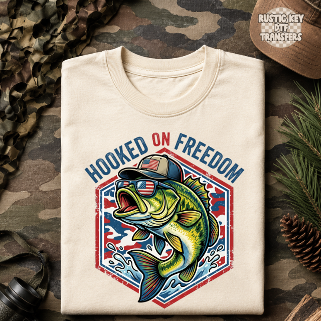 Hooked on freedom patriotic DTF Transfer, Ready to Press Rustic Key Transfers
