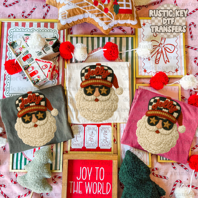 Santa faux yarn Jolly checkered DTF Transfer, Ready to Press