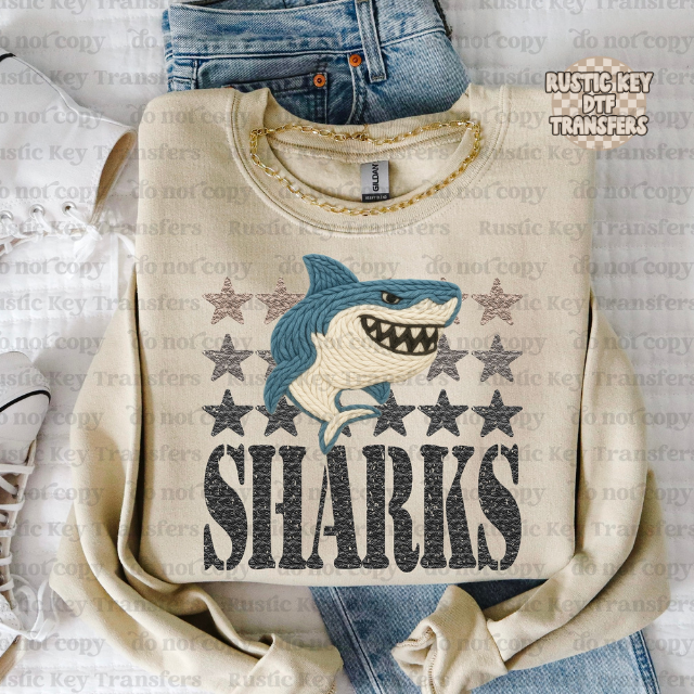 Sharks yarn mascot DTF Transfer, Ready to Press