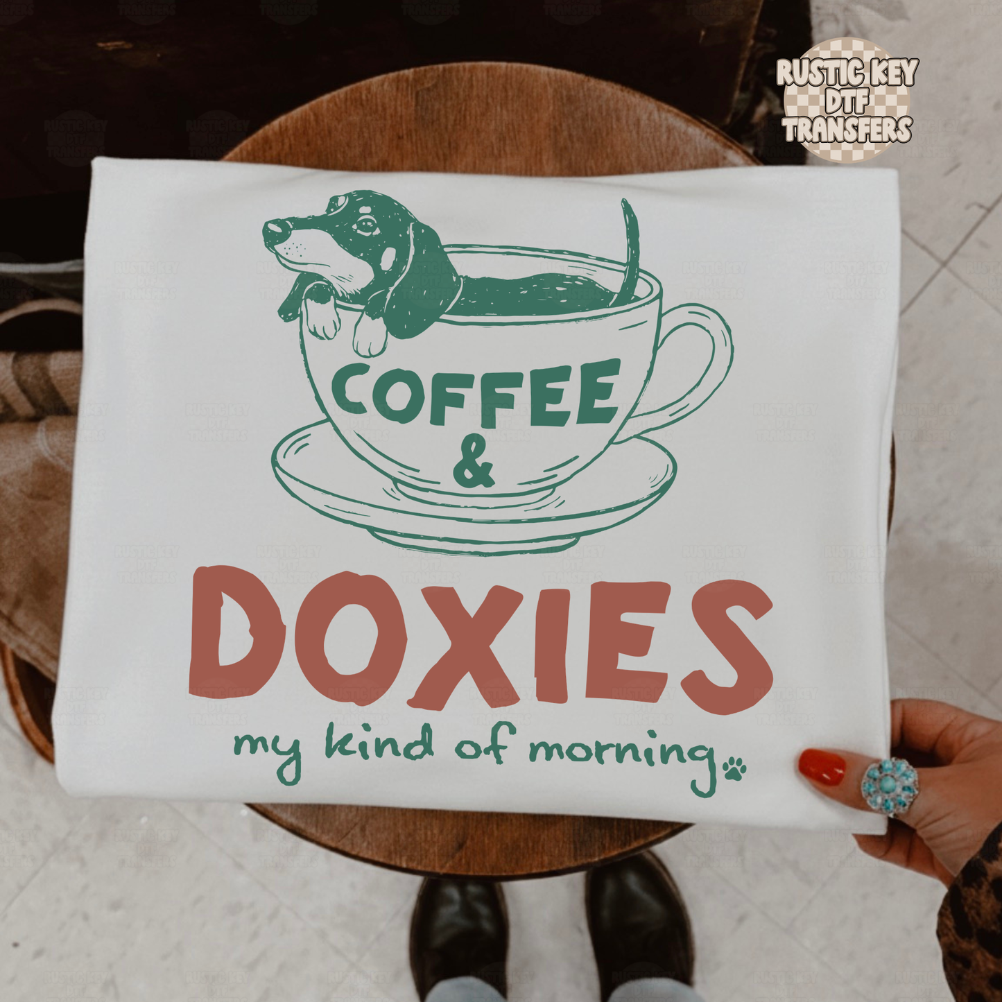 Coffee & Doxies DTF Transfer, Ready to Press