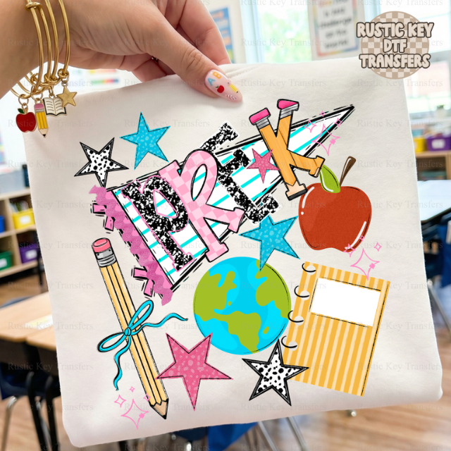 Pre-K  back to school pennant DTF Transfer, Ready to Press Rustic Key Transfers