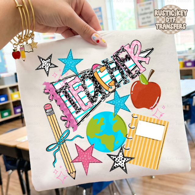 Teacher back to school pennant DTF Transfer, Ready to Press Rustic Key Transfers