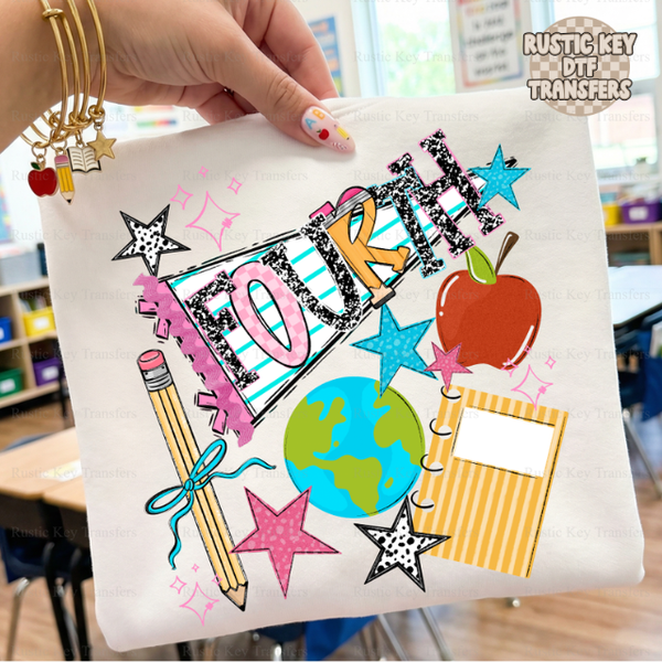 Fourth Grade back to school pennant DTF Transfer, Ready to Press Rustic Key Transfers