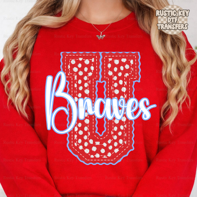 Union County Braves letter stitch dots DTF Transfer, Ready to Press Rustic Key Transfers