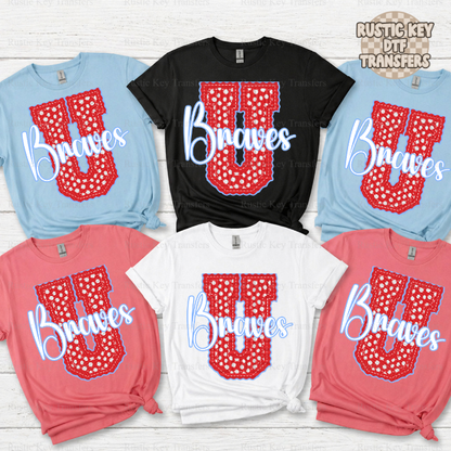 Union County Braves letter stitch dots DTF Transfer, Ready to Press Rustic Key Transfers