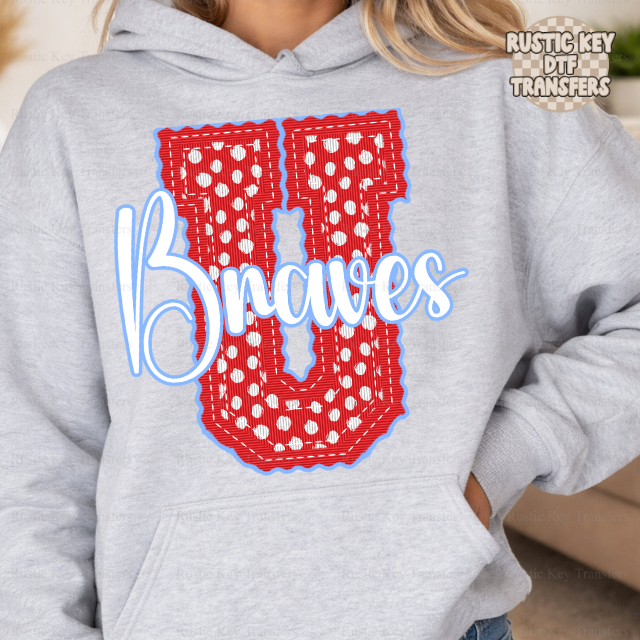 Union County Braves letter stitch dots DTF Transfer, Ready to Press Rustic Key Transfers