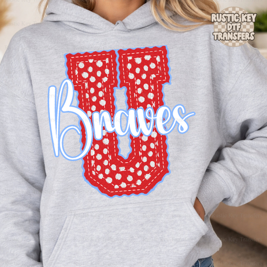 Union County Braves letter stitch dots DTF Transfer, Ready to Press Rustic Key Transfers