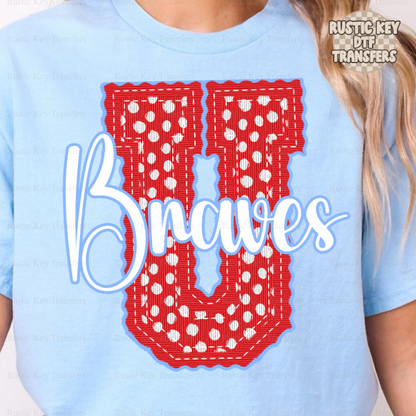 Union County Braves letter stitch dots DTF Transfer, Ready to Press Rustic Key Transfers