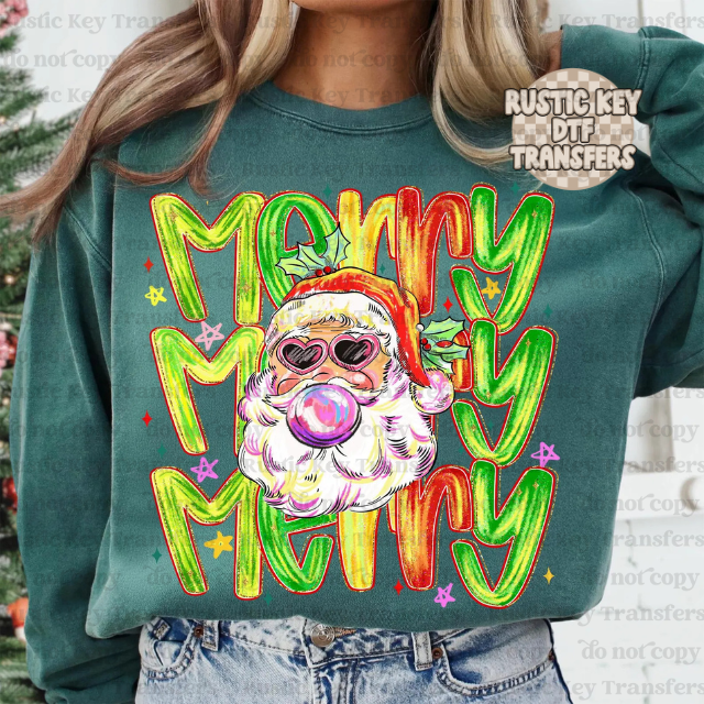 Merry Santa Bubble Gum DTF Transfer, Ready to Press