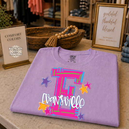 Neon Hype Evansville DTF Transfer, Ready to Press