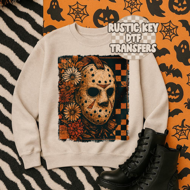 Beige sweatshirt with a Halloween-themed design featuring a mask and flowers, on an orange background with Halloween elements.