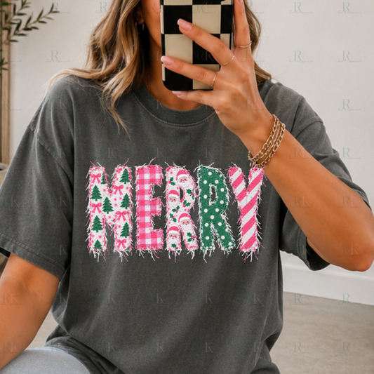Pink patchwork Merry Christmas DTF Transfer, Ready to Press Rustic Key Transfers