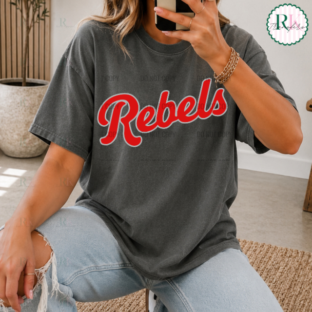 Rebels sports script DTF Transfer, Ready to Press Rustic Key Transfers