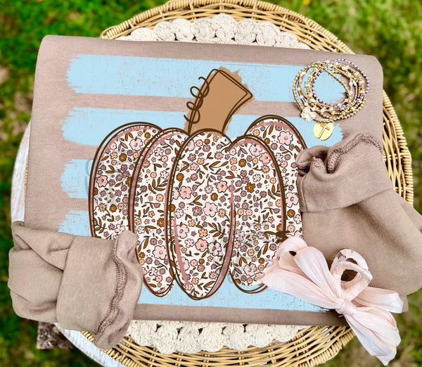 Floral striped pumpkin DTF Transfer, Ready to Press Rustic Key Transfers