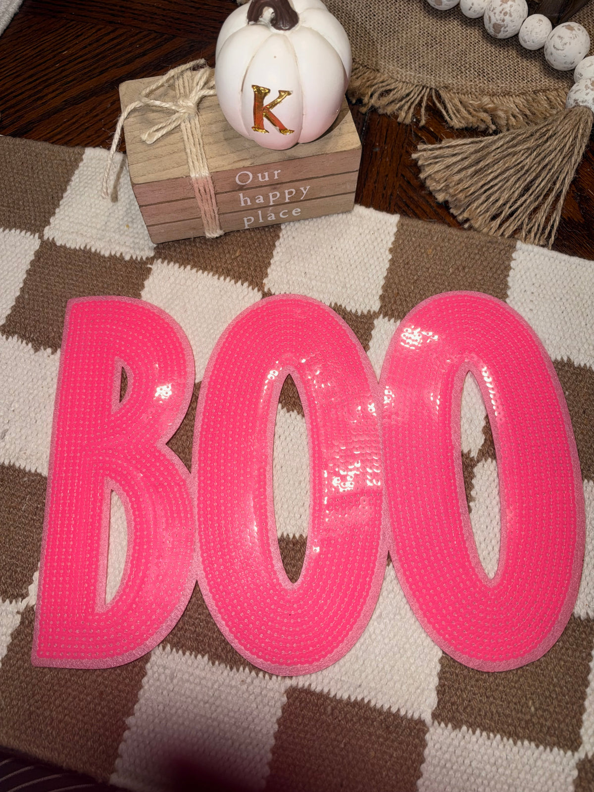 Boo pink chenille patch Rustic Key Transfers