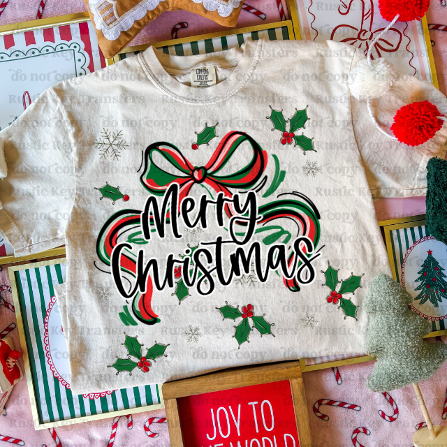 Merry & Bright prepster bow DTF Transfer, Ready to Press