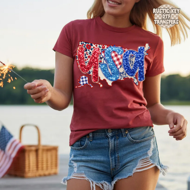 USA Sparkle DTF Transfer, Ready to Press Rustic Key Transfers