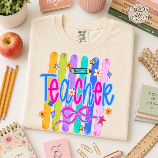 Teacher stripe flowers DTF Transfer, Ready to Press Rustic Key Transfers
