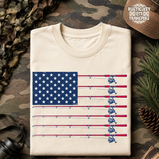Patriotic fishing poles DTF Transfer, Ready to Press Rustic Key Transfers