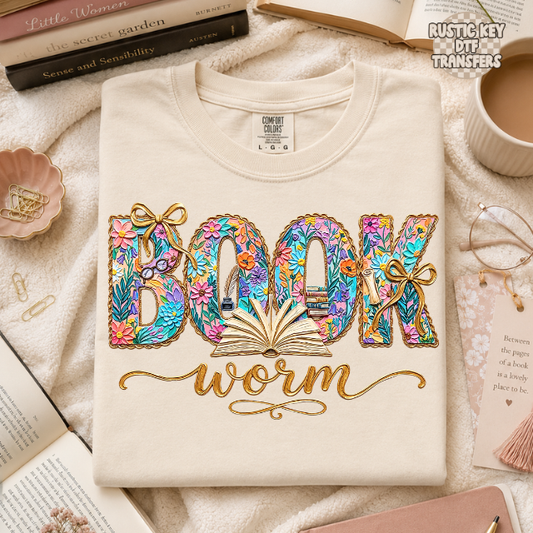 Book worm painted DTF Transfer, Ready to Press Rustic Key Transfers